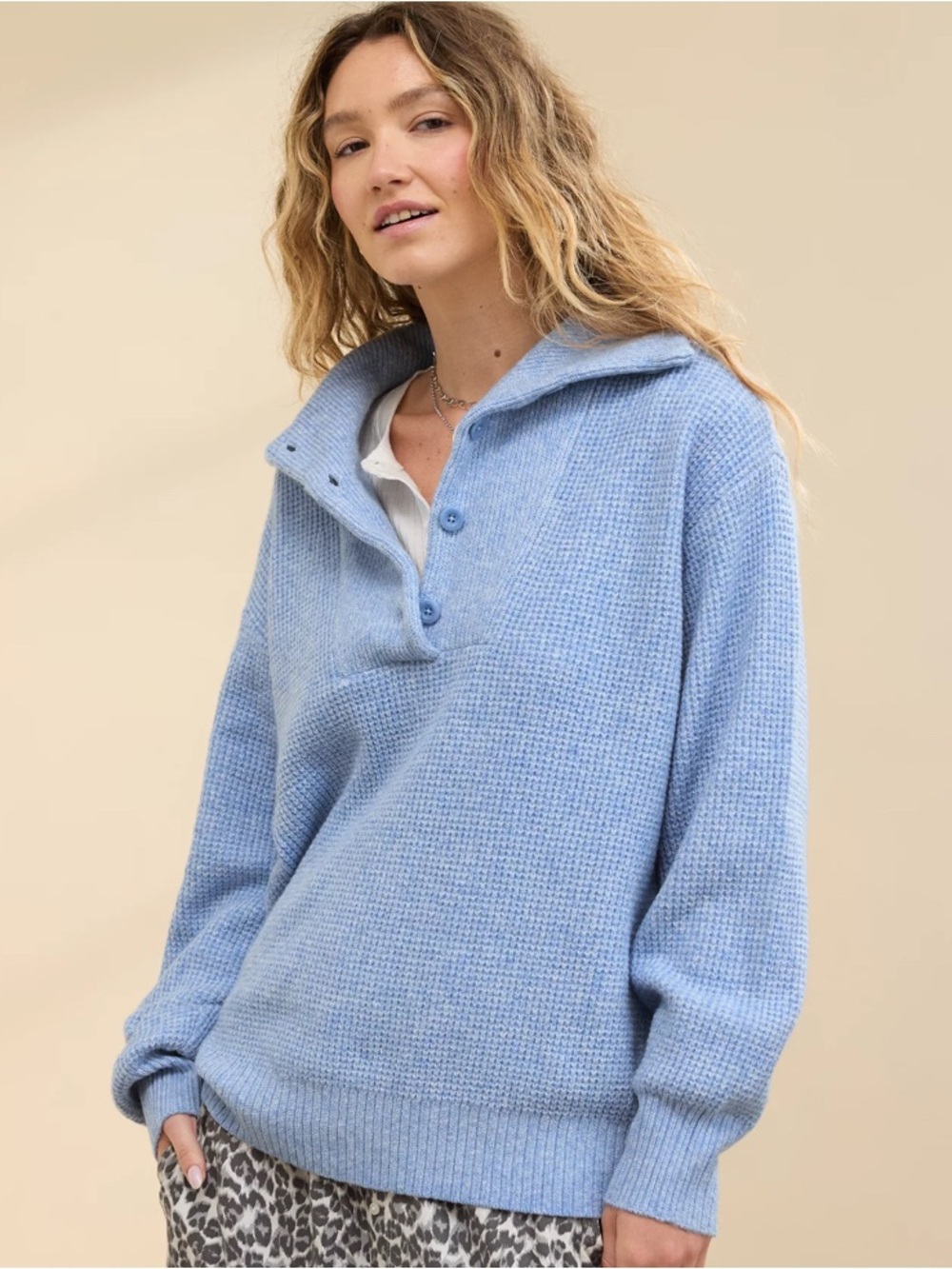 Aerie CozyUp Waffle Button Sweater Small Blue Oversized Fit Comfy Cozy NWT